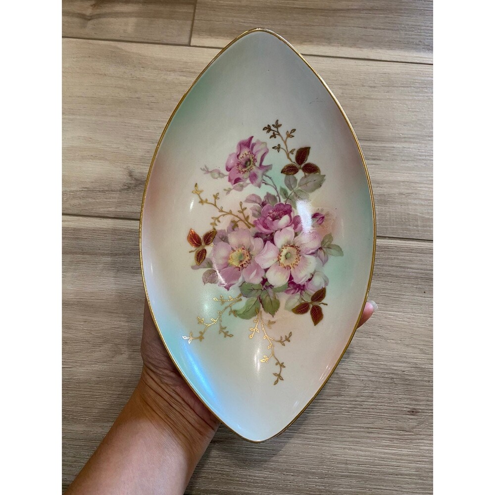 Schumann Arzberg Germany Porcelain Floral Bowl Navette Boat Dish Pink Rose Gold